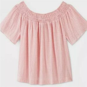 A New Day Striped Short Sleeve Smocked Yoke Top Bl